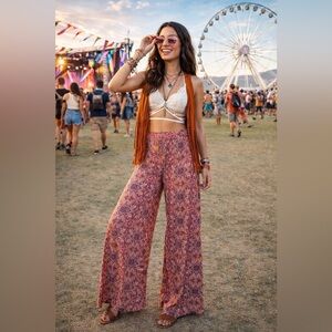 Farm Rio Anthropologie Wide Leg Pants Womens Small Pink Boho Palazzo Festival K